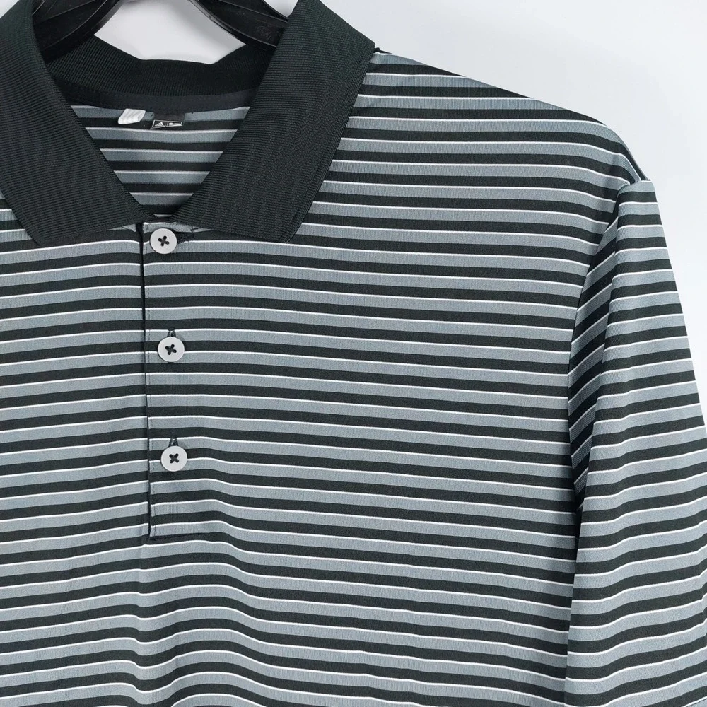 Adidas Polo Shirt Mens‎ Large Gray Black Horizontal Striped Short Sleeve Golf